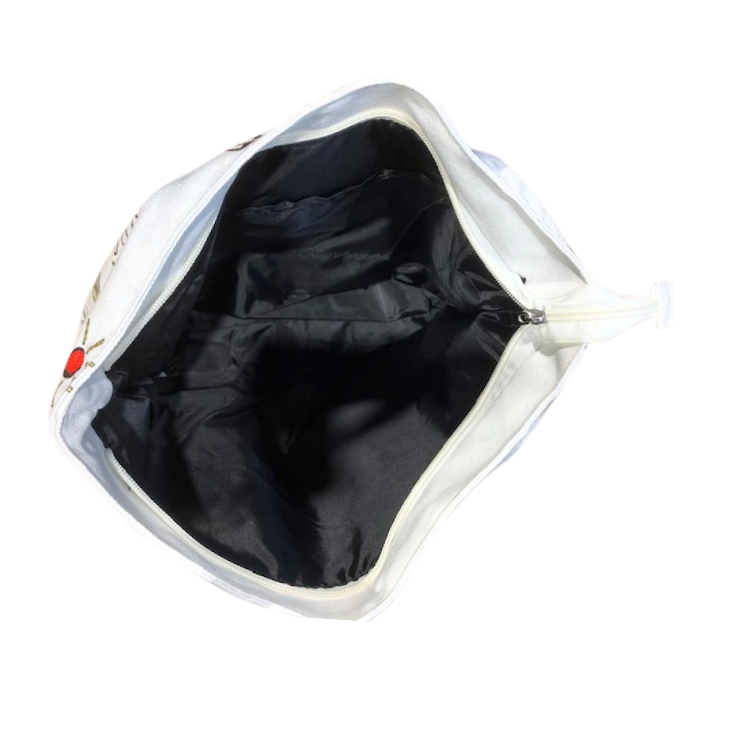 Open white pouch with black interior on a white background
