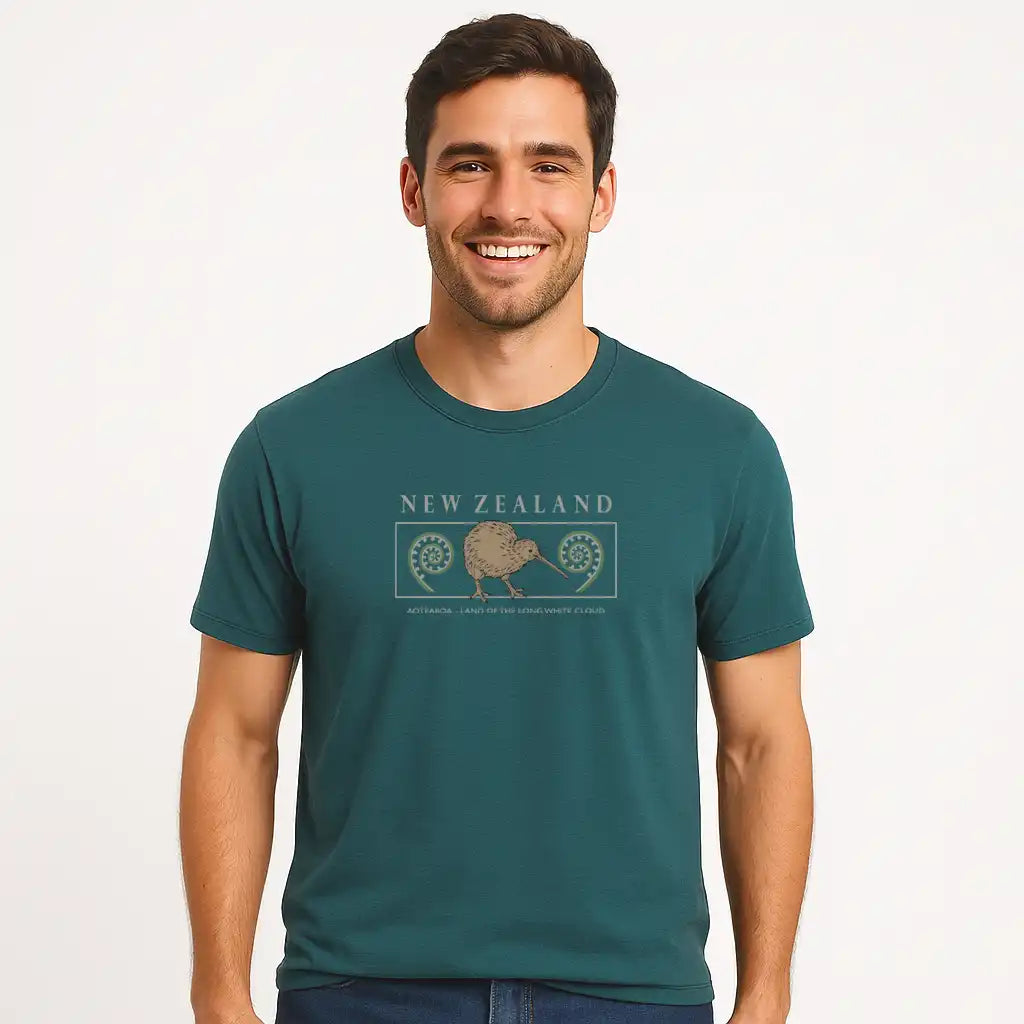 Man wearing a teal t-shirt with New Zealand design on a white background