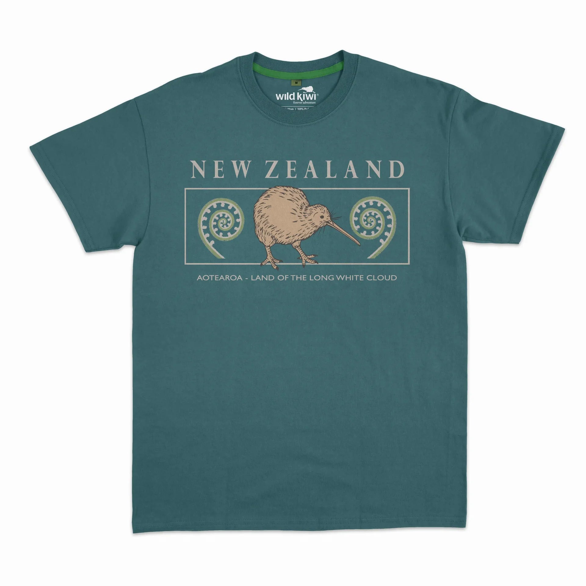 Embroidered Kiwi NZ souvenir T-shirt in teal with New Zealand design featuring a kiwi bird and Māori symbols on a white background.