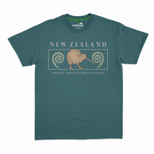 Embroidered Kiwi NZ souvenir T-shirt in teal with New Zealand design featuring a kiwi bird and Māori symbols on a white background.