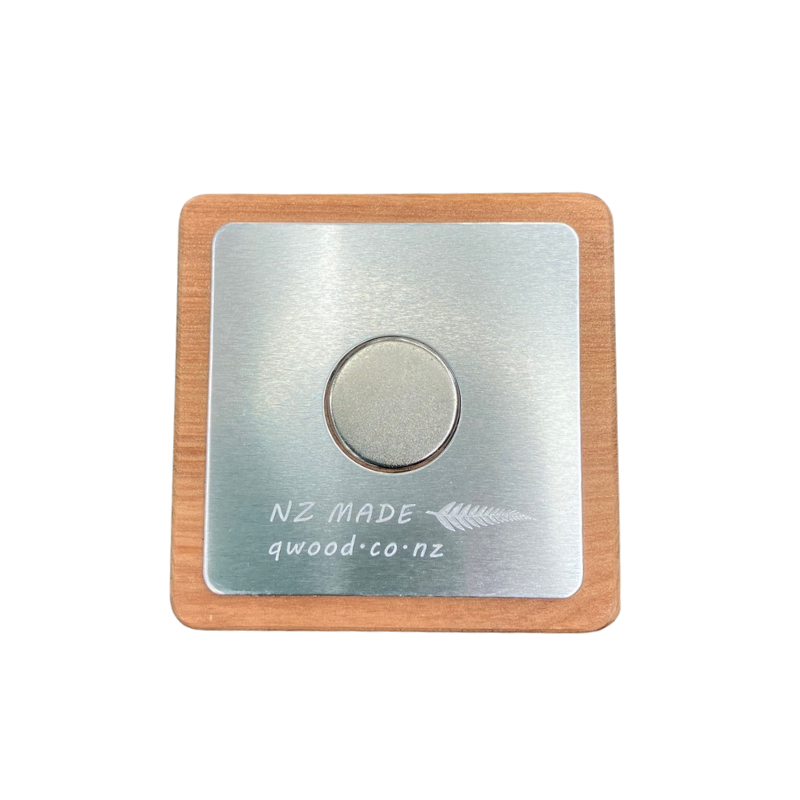 Square fantail wood magnet with 'NZ Made' and 'qwood.co.nz' text on a white background
