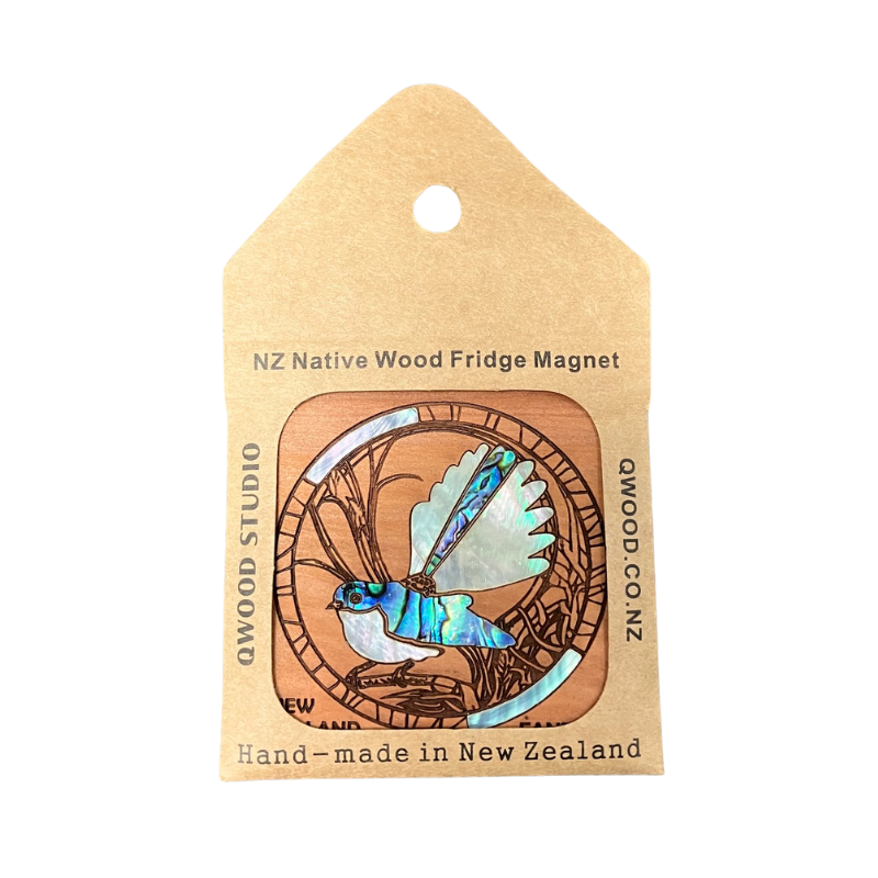 NZ Native Wood Fantail Fridge Magnet packaging with a bird design on a white background
