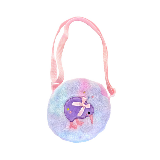 A round shoulder bag with a soft purple and green color scheme, featuring a unicorn design and a pink ribbon.