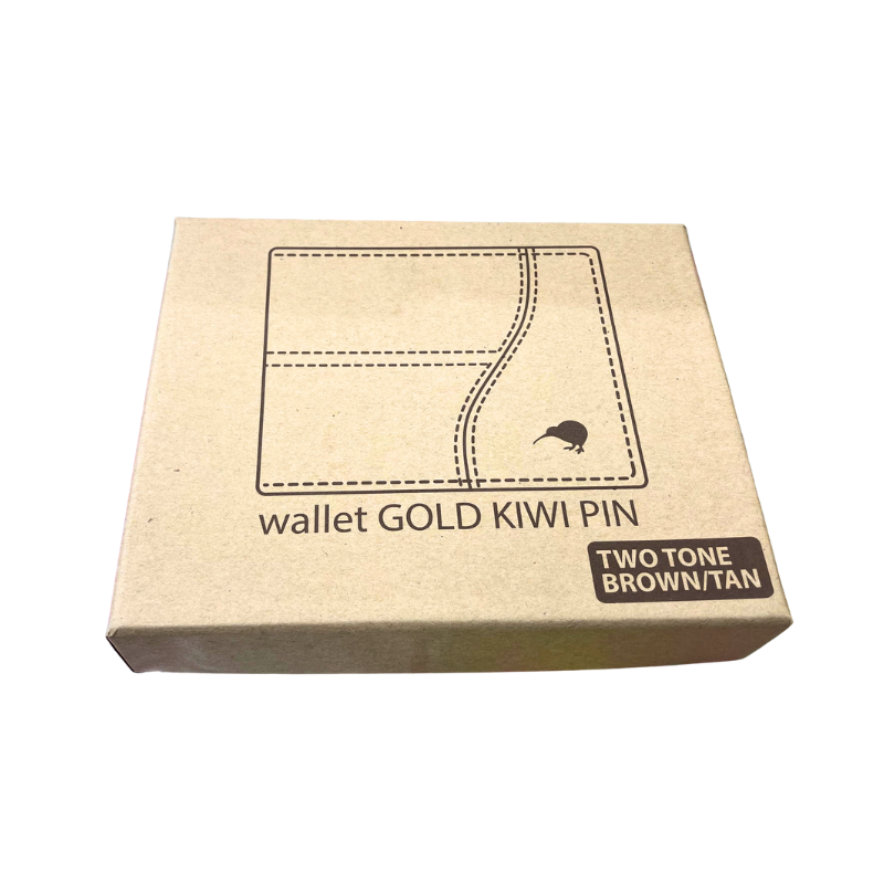Kraft paper box with 'wallet GOLD KIWI PIN' text and a kiwi bird illustration on a white background.