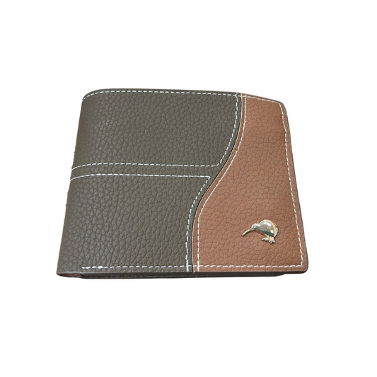 Two-tone wallet with gray and brown sections on a white background