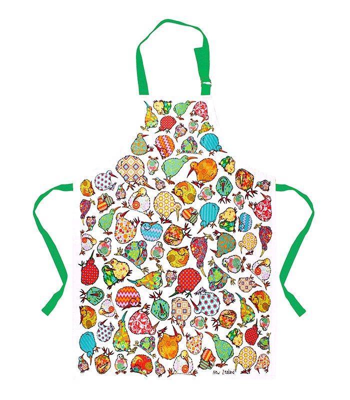 Colorful apron with a pattern of cartoonish animals on a white background