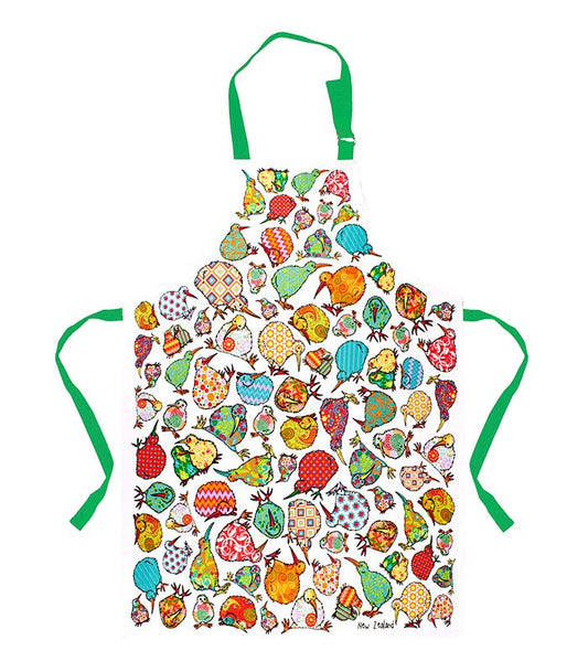 Colorful apron with a pattern of cartoonish animals on a white background
