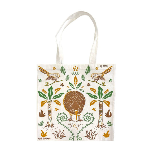 Tote bag with New Zealand native design featuring a koru, birds, and plants on a white background.