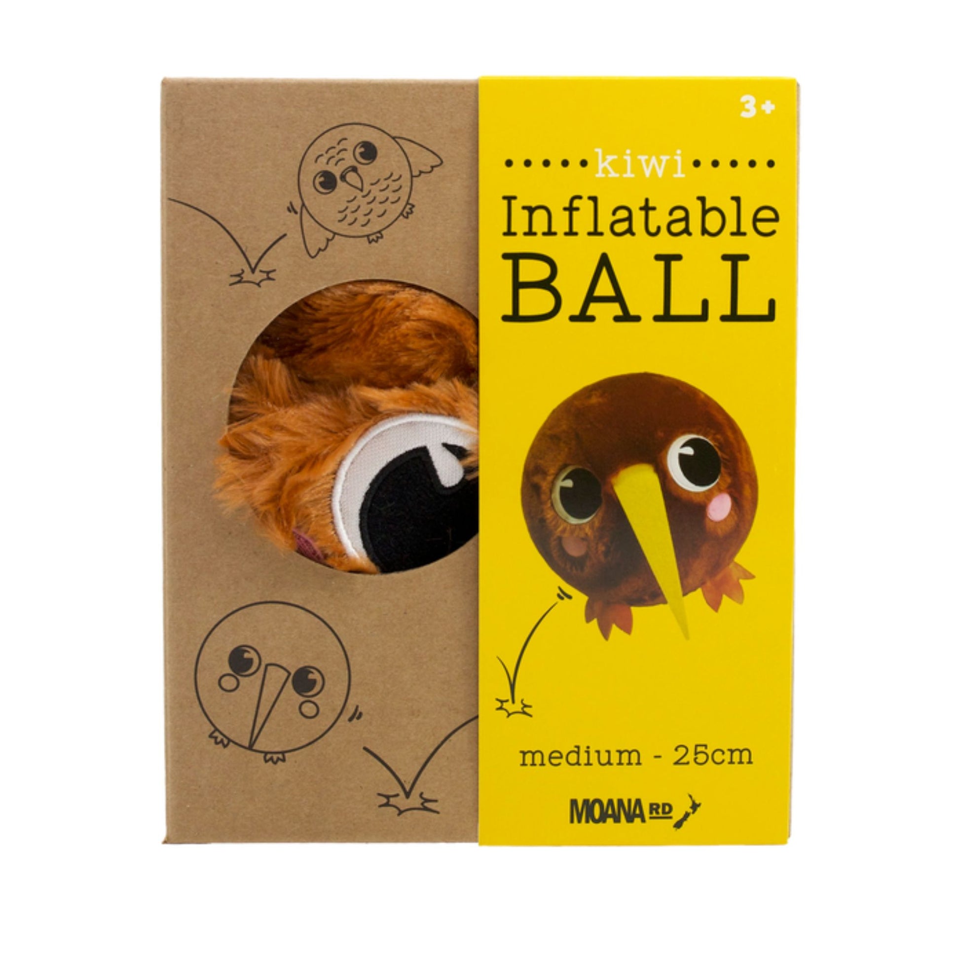 Inflatable kiwi ball packaging with brown and yellow design