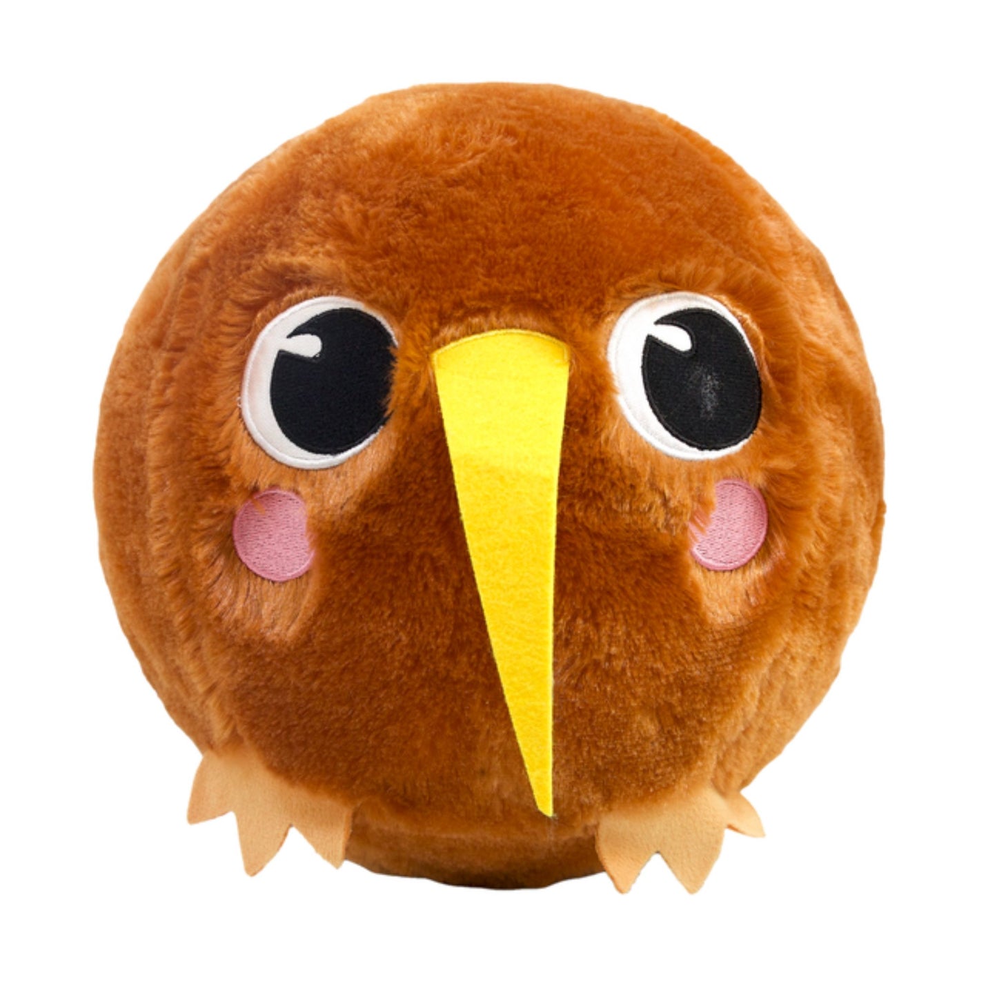 Plush ball kiwi with a yellow beak on a white background