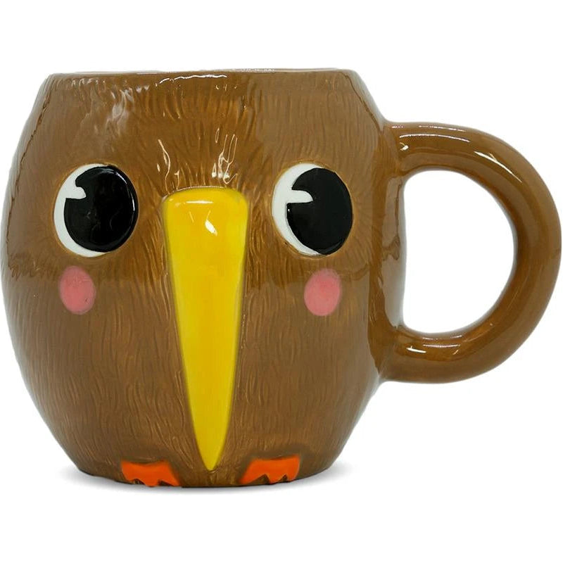 A ceramic mug with a brown base and a painted kiwi design, featuring a smiling kiwi face and a cup handle.