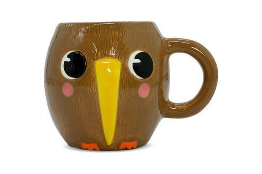 A ceramic mug with a brown base and a painted kiwi design, featuring a smiling kiwi face and a cup handle.