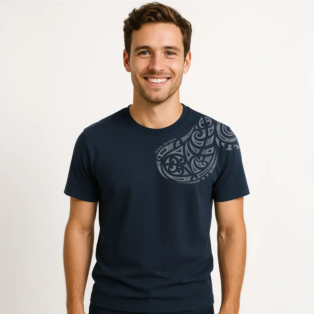 Man wearing a Māori T-Shirt Shoulder Tattoo with a graphic design on a plain background