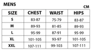 Size chart for men's clothing with chest, waist, and hips measurements in both inches and centimeters.