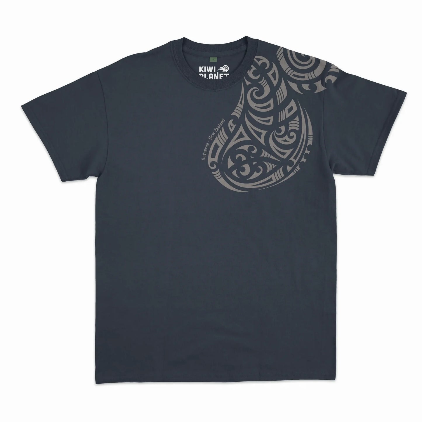 Māori T-Shirt Shoulder Tattoo Black t-shirt with a large graphic design on a white background