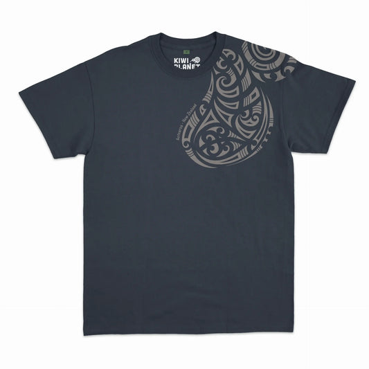 Māori T-Shirt Shoulder Tattoo Black t-shirt with a large graphic design on a white background