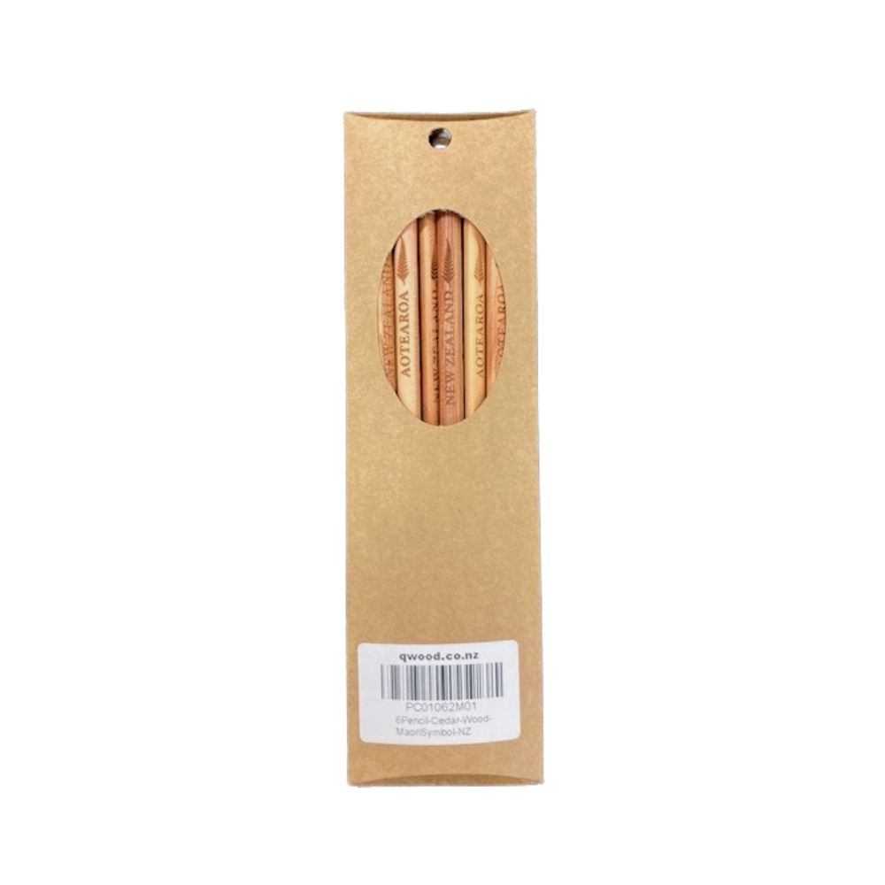 A pack of six cedar wood pencils with Maori tribal designs, packaged in a cardboard sleeve 