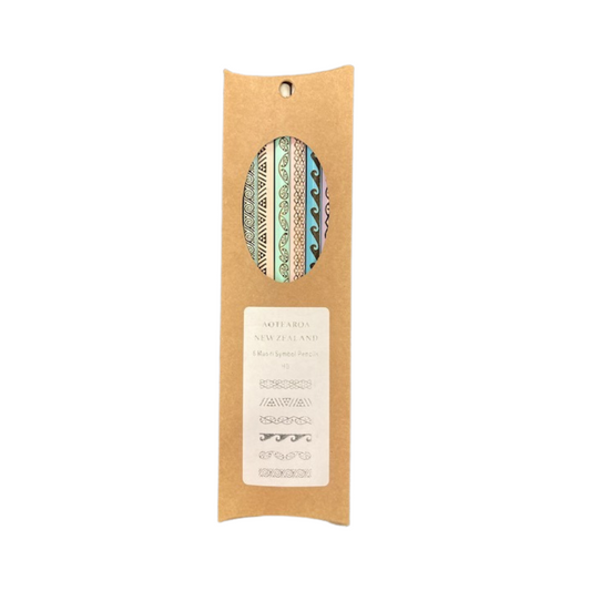 Māori Symbol HB Pencil Set. Set of 6 Māori design pencils in native wood
