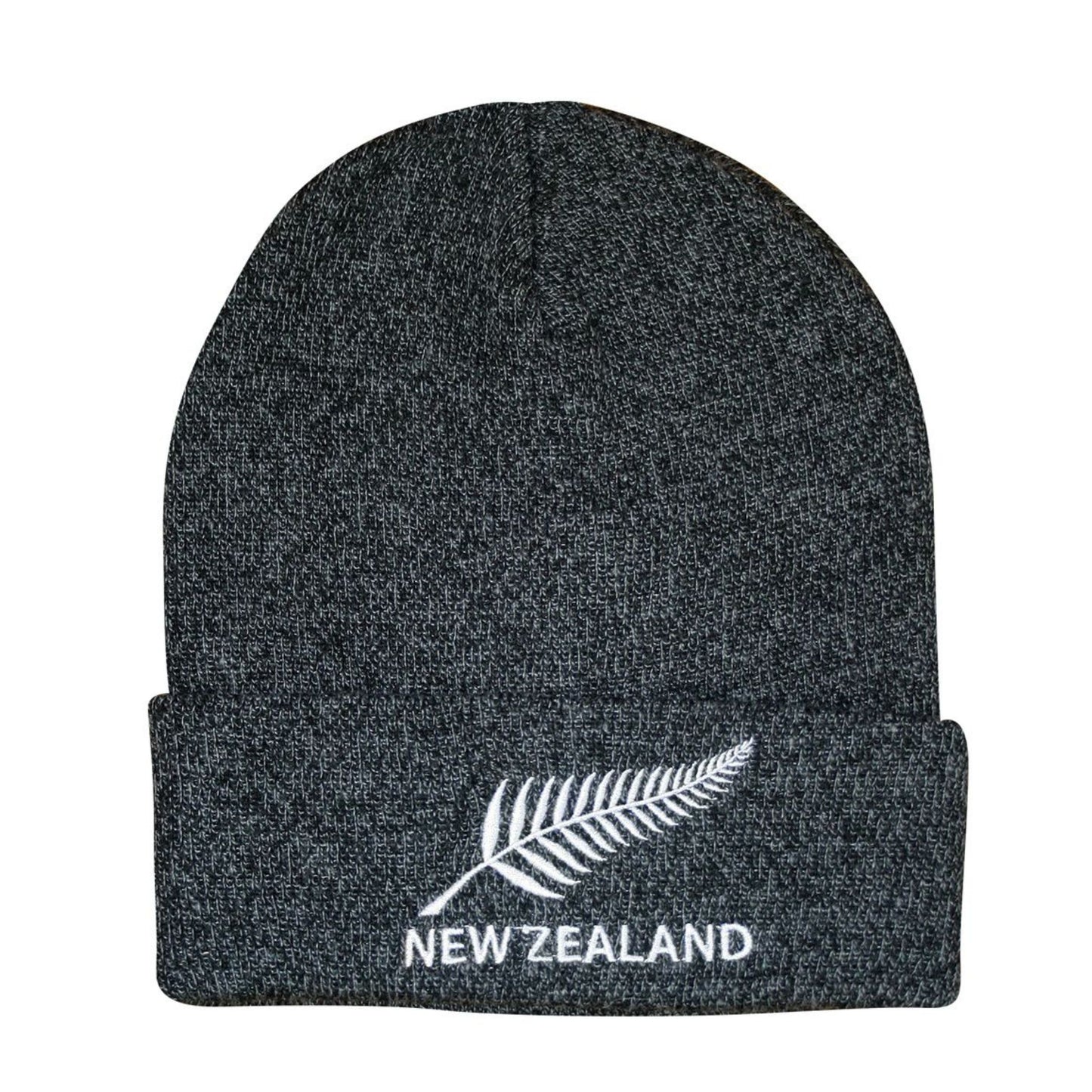 Dark gray beanie with New Zealand silver fern logo on a white background