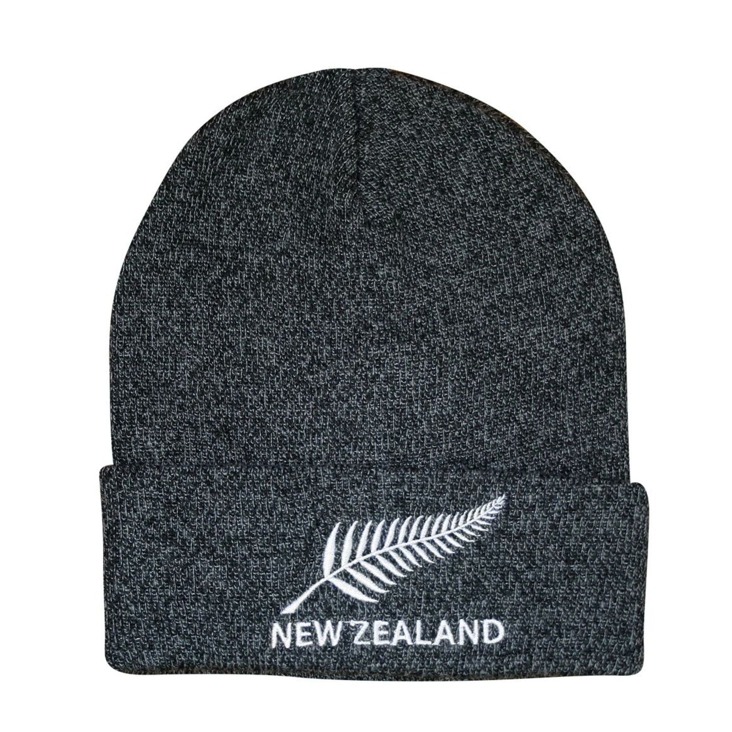 Dark gray beanie with New Zealand silver fern logo on a white background