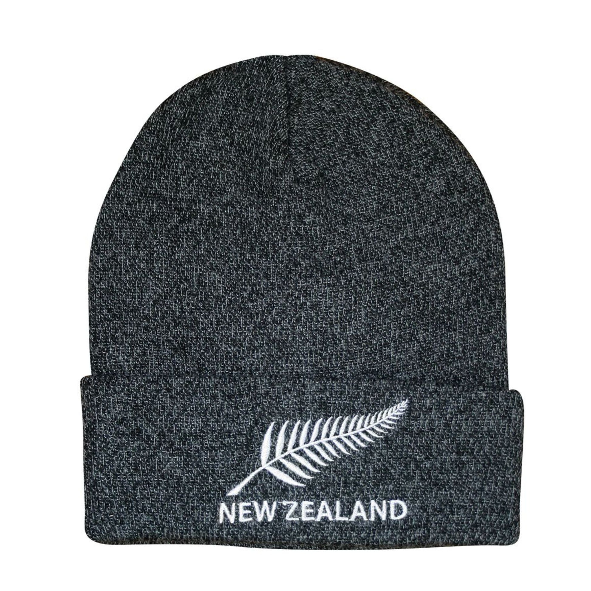 Dark gray beanie with New Zealand silver fern logo on a white background