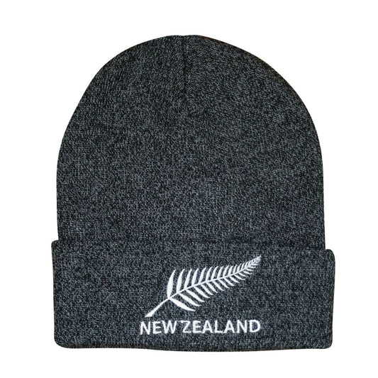Dark gray beanie with New Zealand silver fern logo on a white background