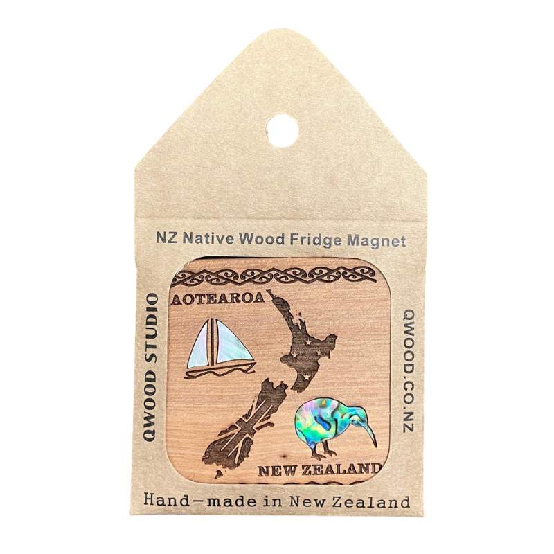 NZ Native Wood Fridge Magnet packaging with New Zealand design