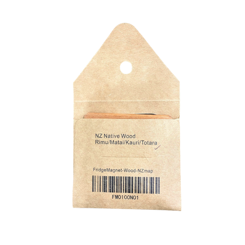 Fridge magnet packaging with 'NZ Native Wood' text on a white background