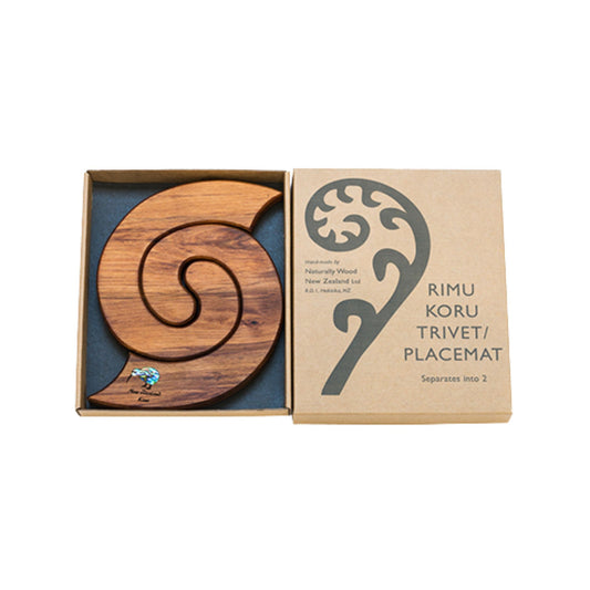 Handmade Rimu placemat and trivet with paua kiwi  design in a box