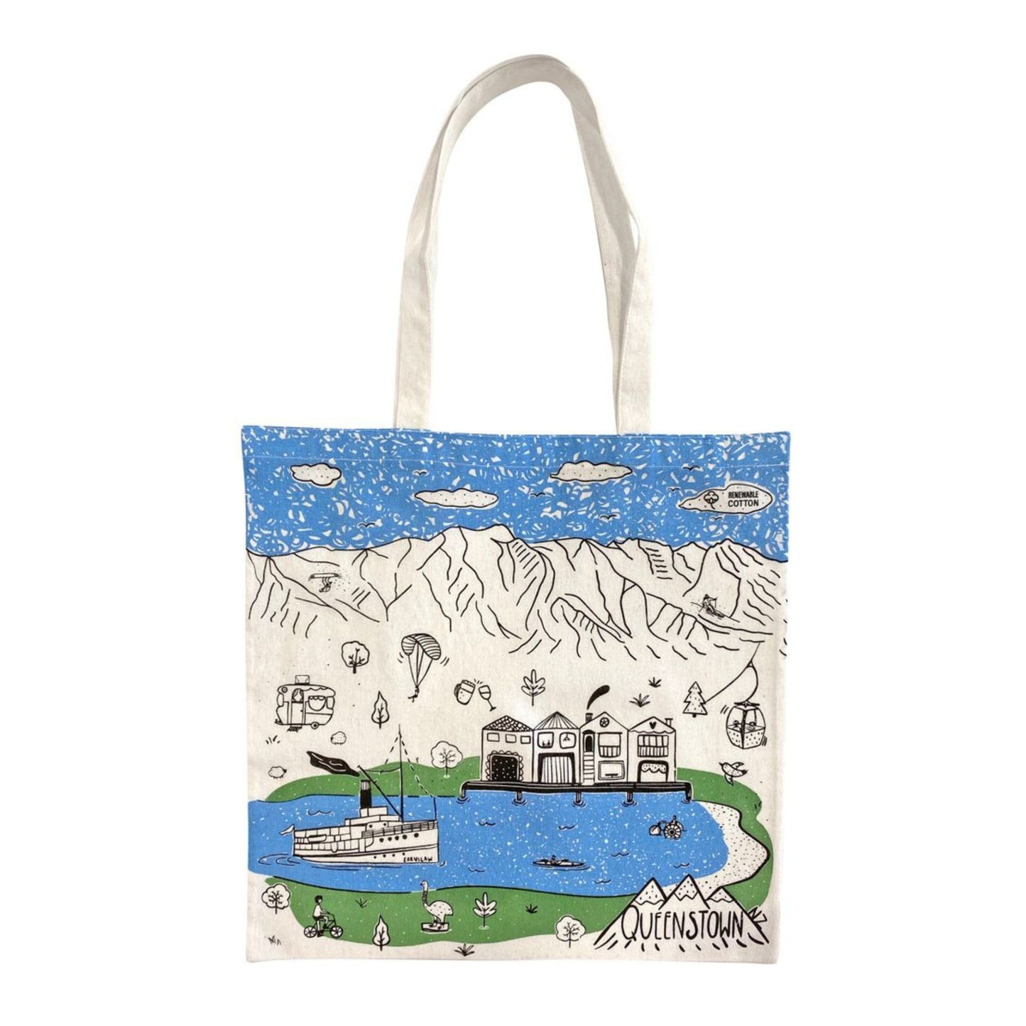 Tote bag with a scenic design of mountains, lake, and buildings in Queenstown on a white background