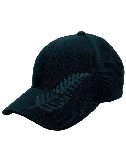 A black cap with a subtle silver fern embossed design across the front and brim.