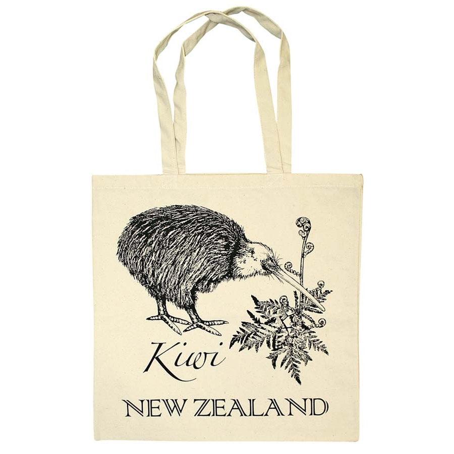 Cotton toat bag with an image of an kiwi bird and letters of New Zealand.