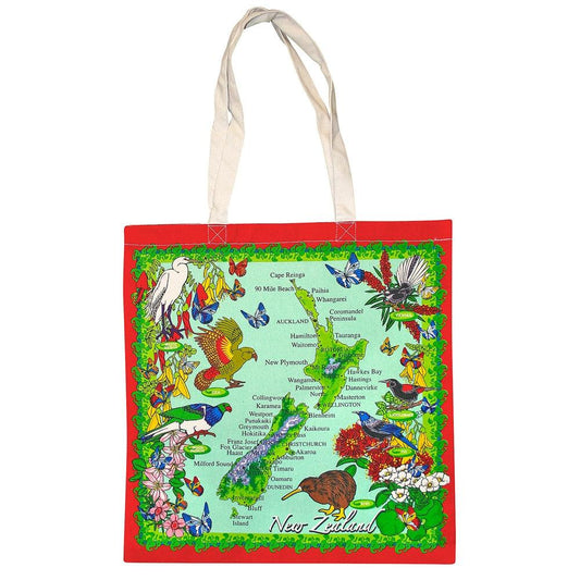 Cotton toat bag with an image of the New Zealand map and New Zealand native birds.