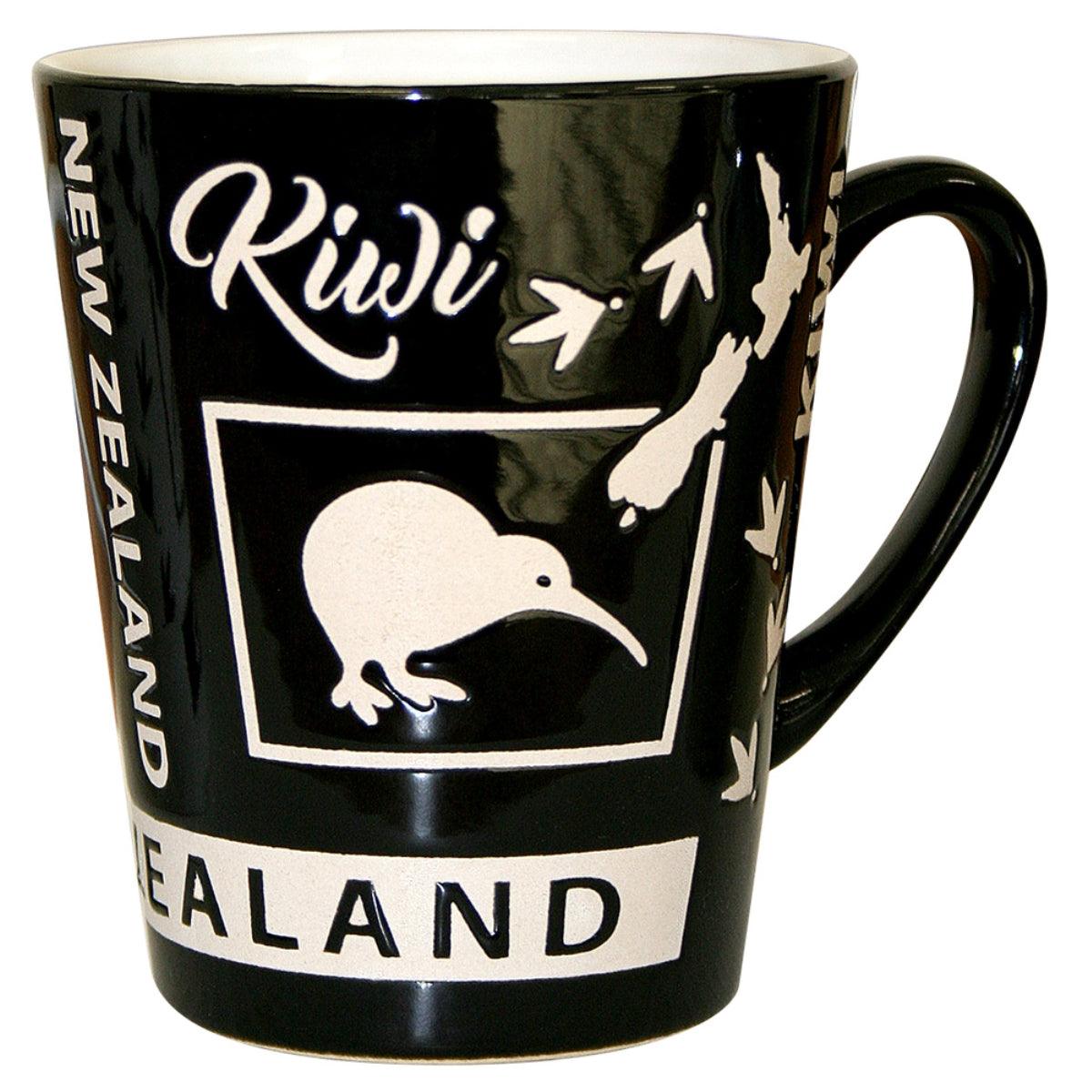 Coffee Mug Cup - Black NZ Map & Kiwi