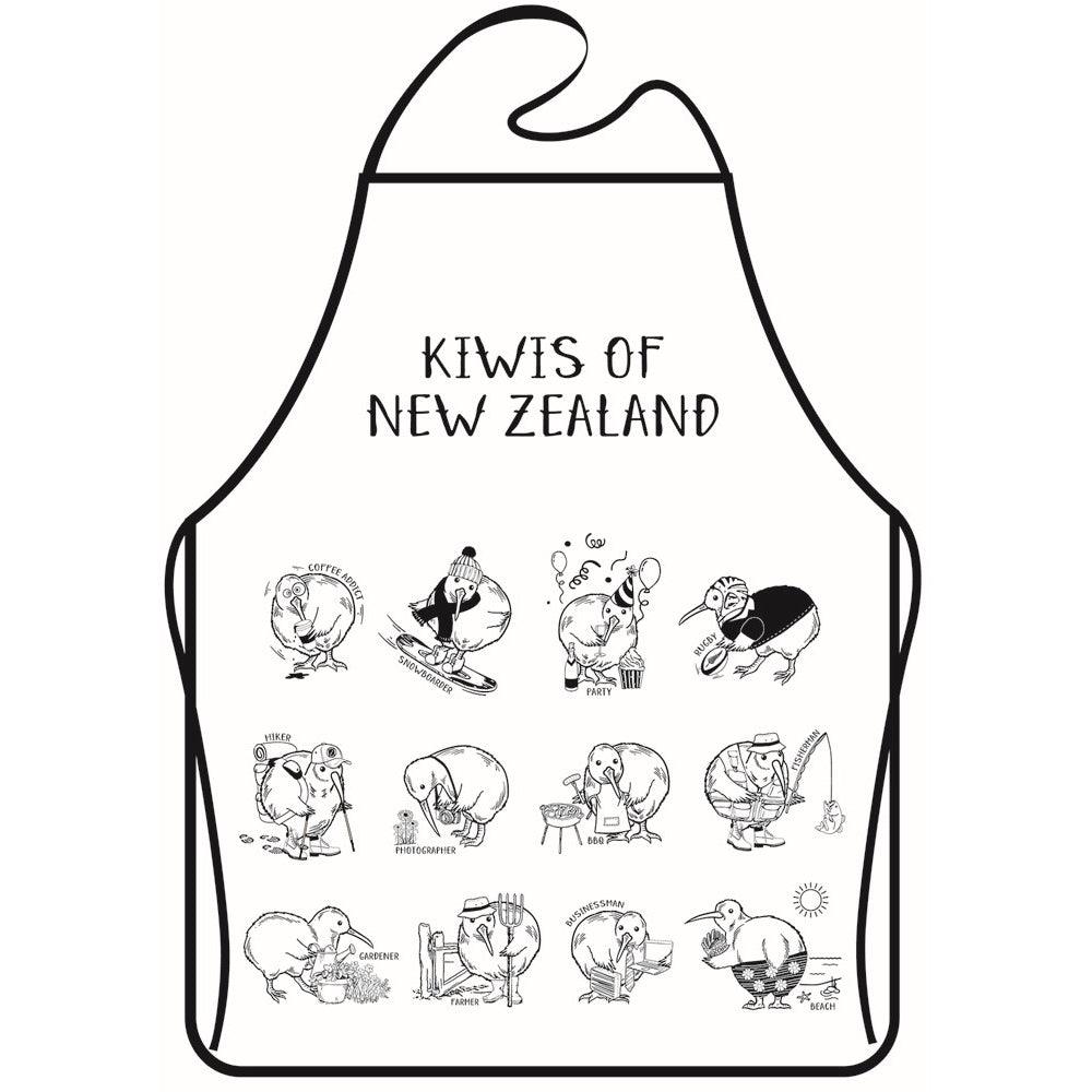 Apron with graphics of 12 different kiwi birds.