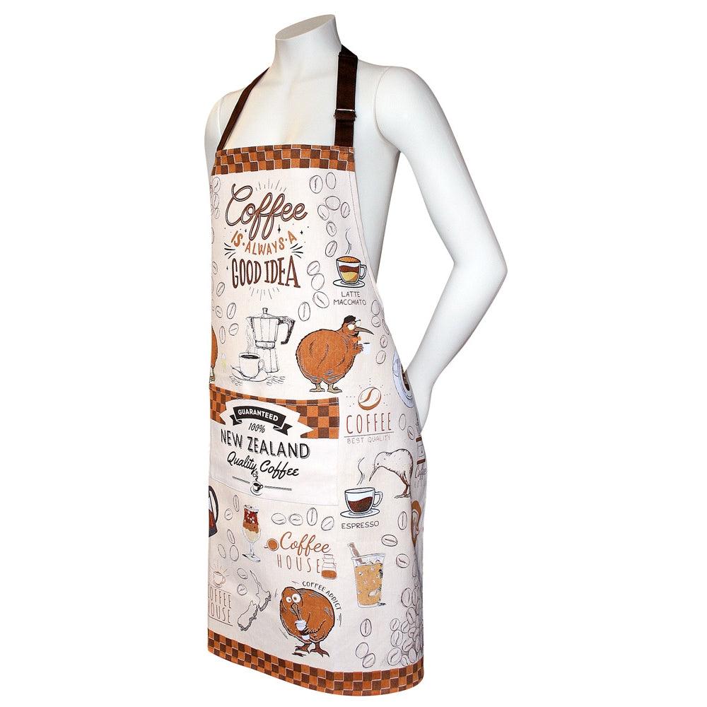 Coffee themed apron with kiwi birds and the New Zealand map.