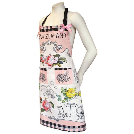 Apron with flowers, kiwi birds and New Zealand written on it.