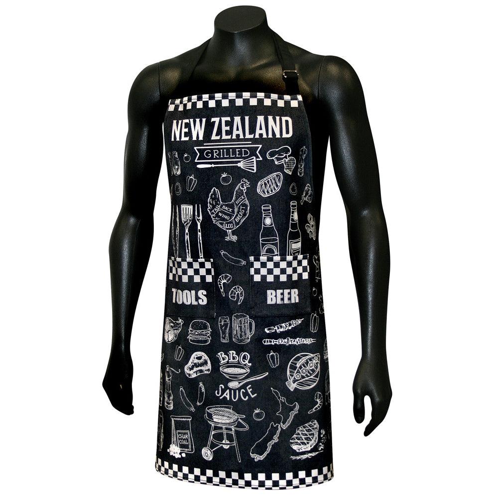 New Zealand BBQ theme apron, black with white graphics.