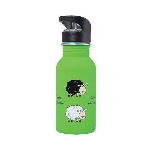 Green drink bottle with images of a white sheep and a black sheep.