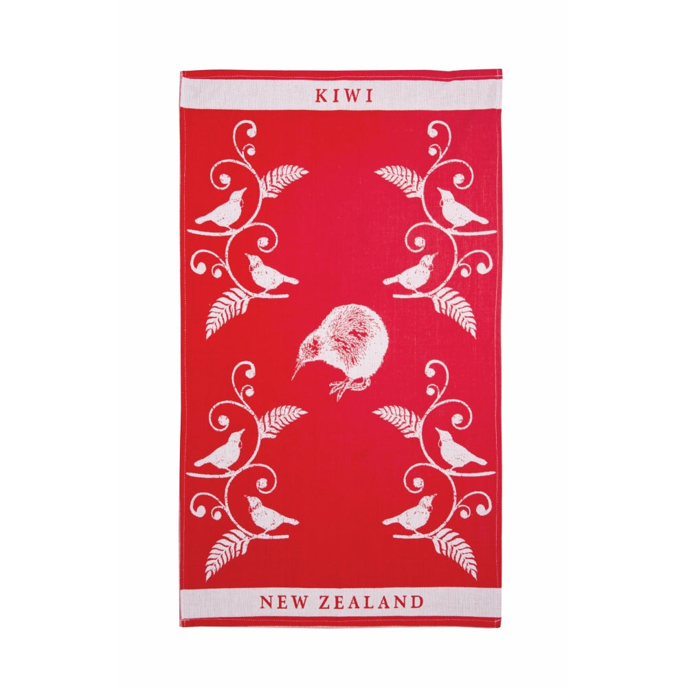 NZ Tea Towel - Kiwi & Tui Red Jacquard Homeware - kitchenware