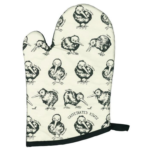 Oven glove with caffeinated kiwi's printed on.