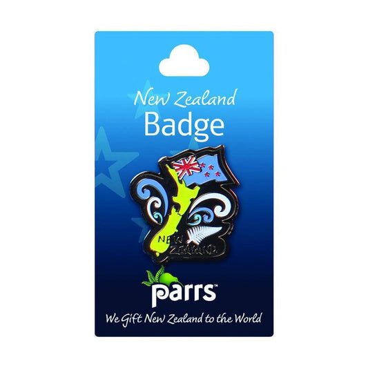 Parrs badge with New Zealand map, New Zealand flag, and ferns.