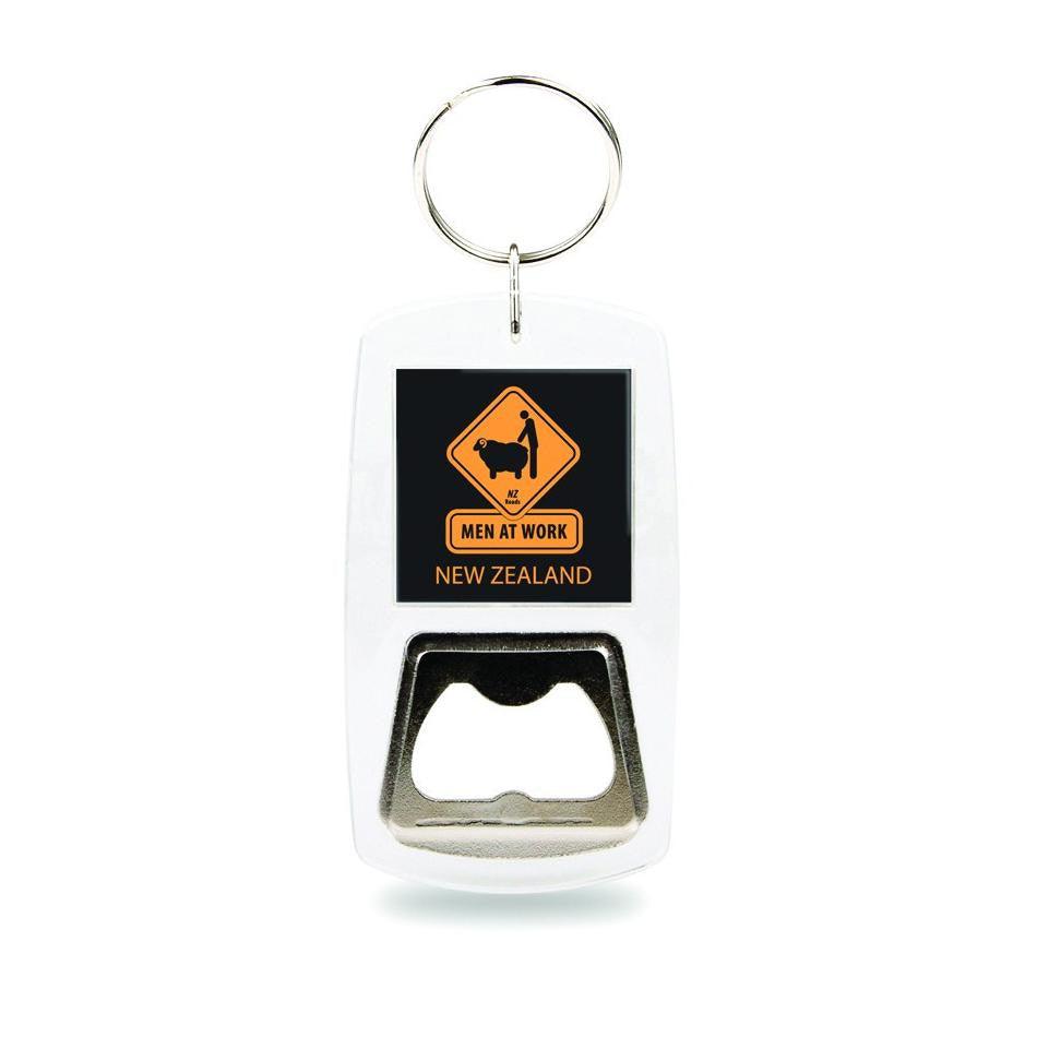 Bottle opener key chain with Men At Work printed on.