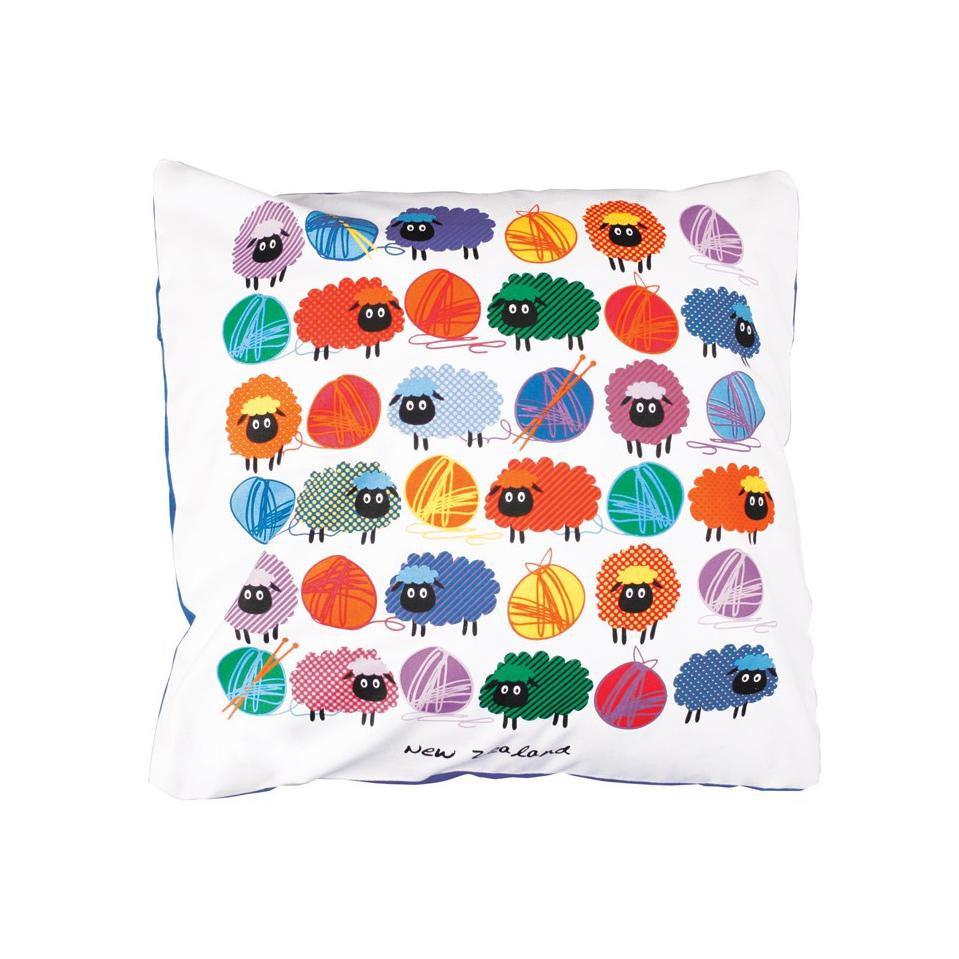 Cushion cover with colourful images of sheep and wool