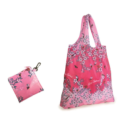 Foldable Eco Bag-Manuka Flowers and Birds -pink Gifts - Bags