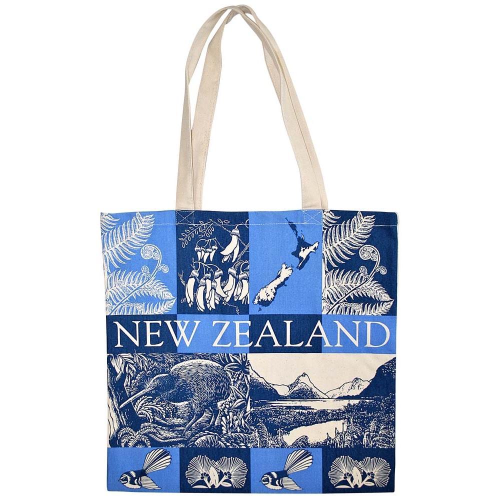 Cotton toat bag with blue scenic images of New Zealand.