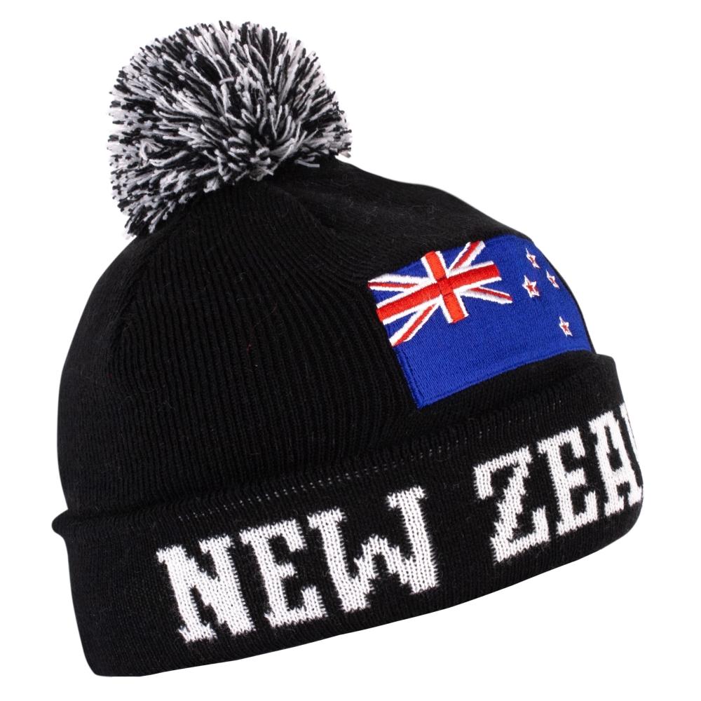 Pom Pom Beanie with New Zealand Flag-Black Gifts - Hat, Beanie and Caps