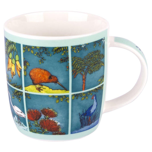 Coffee mug with New Zealand bird images.