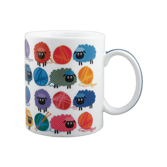 Coffee mug with sheep and wool images.